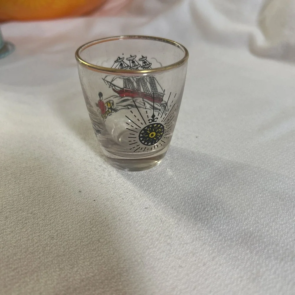 Vintage Libbey Gold Edge Shot Glass Sailing Ship Design